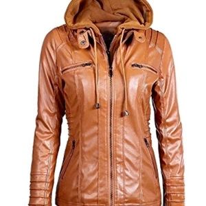 Tan pleather jacket with removable hood
